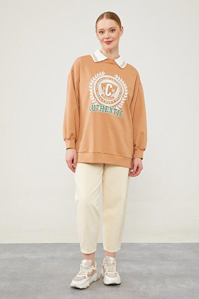 Levidor Camel Polo Yaka Arma Baskılı Sweatshirt
