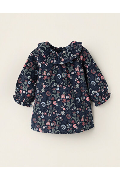 Ziddy Corduroy Floral Dress for Newborn Girls, Dark Blue