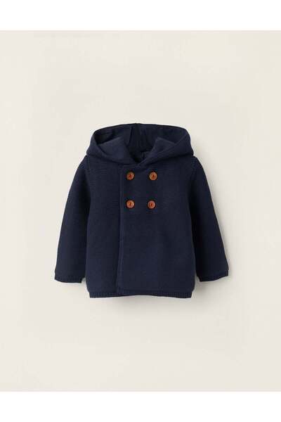 Ziddy كارديجان بغطاء رأس مع بوم بوم لحديثي الولادة، أزرق غامق