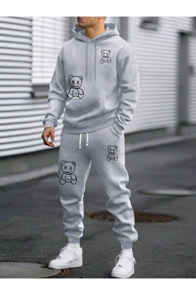 LAYORA طقم بدلة رياضية للرجال مكون من قطعتين – سويت شيرت رمادي كبير الحجم وبن...