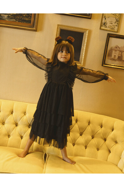 Ziddy Layered tulle dress with ruffles for girls, black