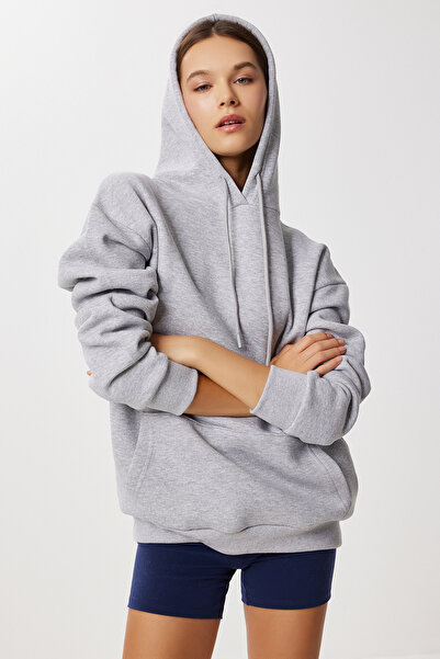 Lovelyİstanbul Πλεκτό φούτερ με κουκούλα Oversize LEN0042 ΓΚΡΙ ΜΕΛΑΝΙ