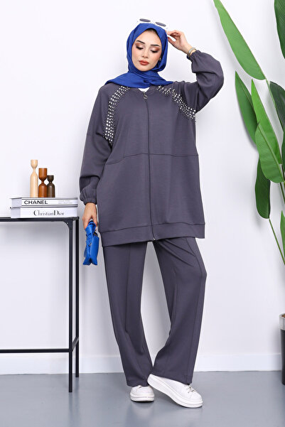 İmajButik Smoked Stone Detailed Zippered Tunic with Pants Modal Set