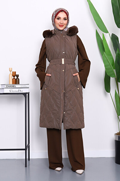 İmajButik Μακρύ γιλέκο με κουκούλα με λεπτομέρεια από γούνα βιζόν