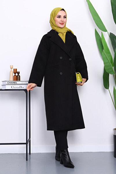 İmajButik Μαύρο παλτό με διπλό γιακά με επένδυση από κασμίρ