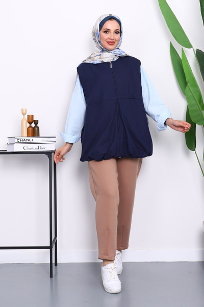 İmajButik Navy Blue Zippered Oversize Lined Vest