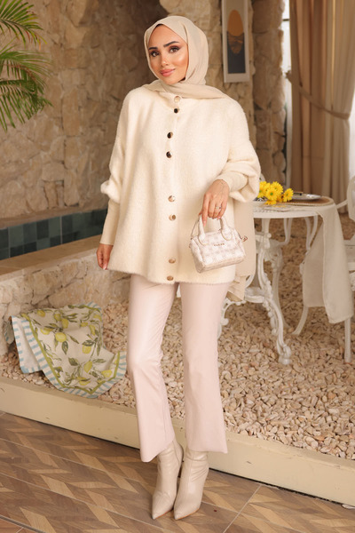 İmajButik Krem Dik Yaka Angora Yumoş Hırka
