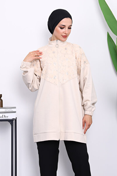 İmajButik Beige Floral Patterned Zippered Tunic