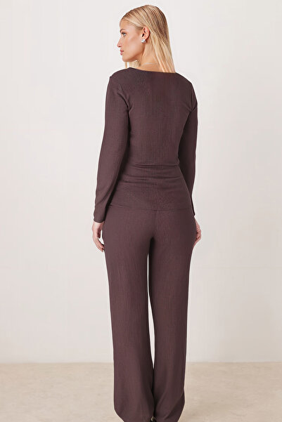 armonika Women's Coffee V-Neck Long Sleeve Gathered Blouse Two-Piece Set Arm-26K001015