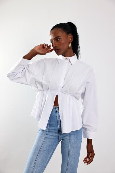 5in1Canpolat White Pleated Poplin Shirt 3197