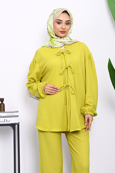 İmajButik Oil Green Front Tie Wrap Kimono Pants Suit