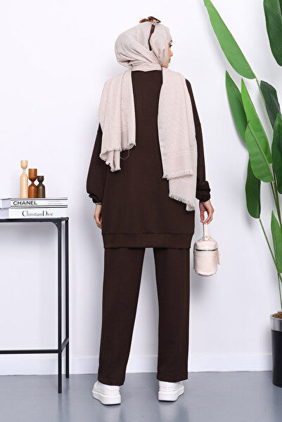 İmajButik Σετ τουνίκ με φερμουάρ και παντελόνι με λεπτομέρεια από καφέ πέτρα
