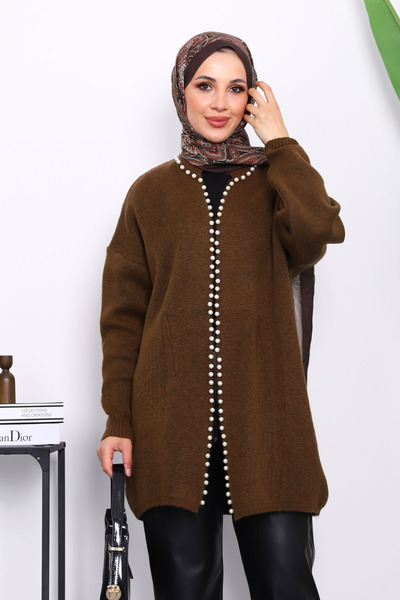 İmajButik Καφέ Μαλακό Πλεκτό Ζακέτα με Πέρλες