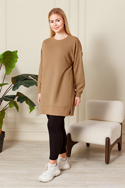 Birol Triko Women's Dark Beige Slit Tunic with Crystal Stone Accessories