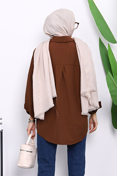 İmajButik Kahverengi Düğmeli Salaş Terikoton Gömlek