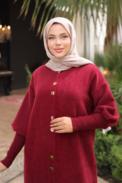 İmajButik Burgundy Hakim Collar Angora Soft Coat Cardigan