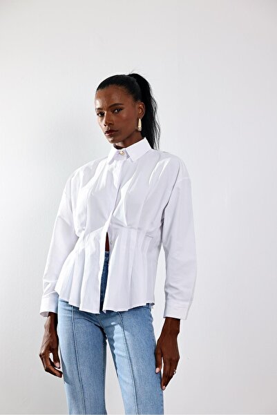5in1Canpolat Λευκό πλισέ πουκάμισο από ποπλίνα 3197