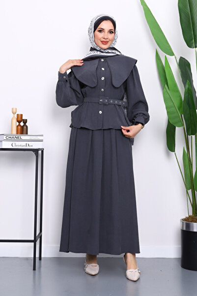 İmajButik Anthracite Collar Detailed Shirt Skirt Set