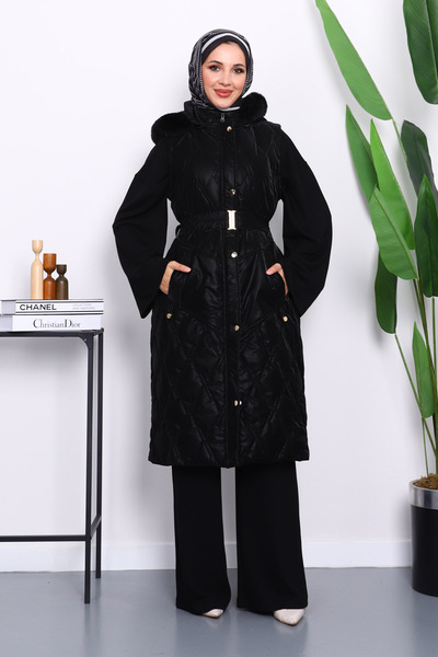 İmajButik Black Fur Detailed Hooded Long Vest