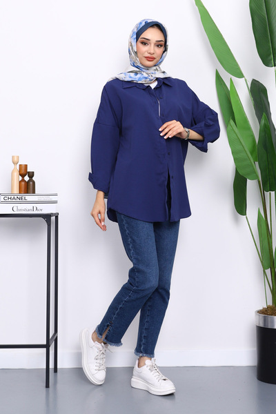 İmajButik Navy Blue Buttoned Casual Terry Cotton Shirt