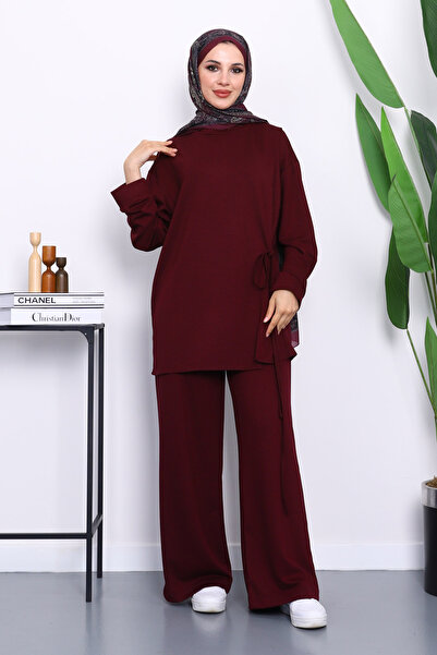 İmajButik Mürdüm Yan Bağlamalı Tunik Pantolonlu Modal Takım