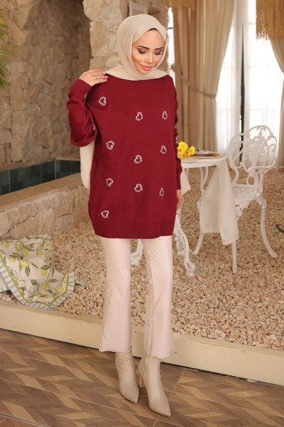 İmajButik Burgundy Heart Embroidered Knitwear Sweater