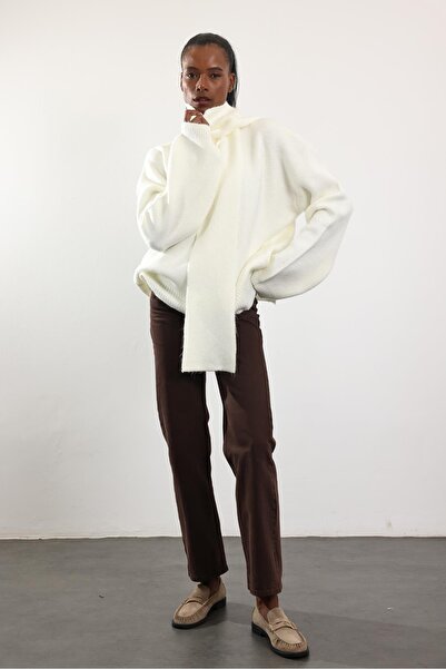 5in1Canpolat Ecru Shawl Detailed Knitwear Sweater 92633