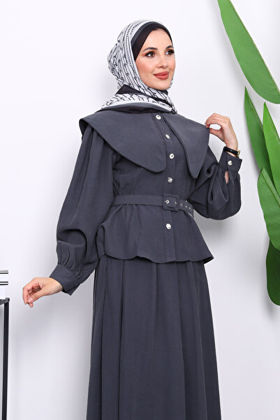İmajButik Anthracite Collar Detailed Shirt Skirt Set