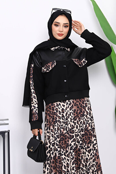 İmajButik Black Leopard Patterned Jacket Skirt Suit