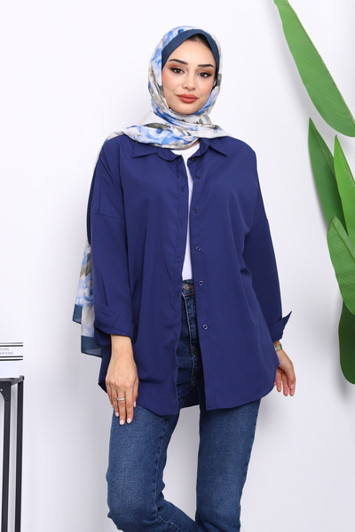 İmajButik Navy Blue Buttoned Casual Terry Cotton Shirt