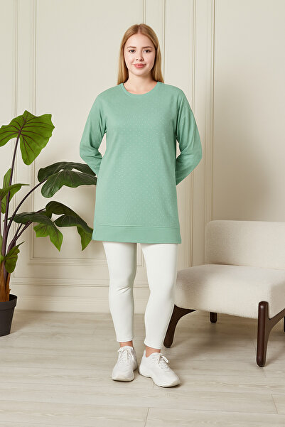 Birol Triko تونيك نسائي باللون الأخضر المائي مع فتحة وحجر كريستالي كإكسسوار