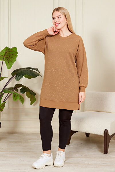 Birol Triko Women's Dark Beige Slit Tunic with Crystal Stone Accessories