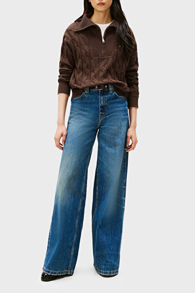 Tommy Hilfiger % 100 Yün Relaxed Fit Yarım Fermuarlı Dik Yaka Örgü Kazak KAZAK WW0WW46425 GV0