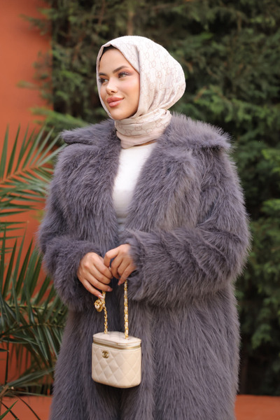 İmajButik Γούνινο παλτό με καπνιστό τσέπη