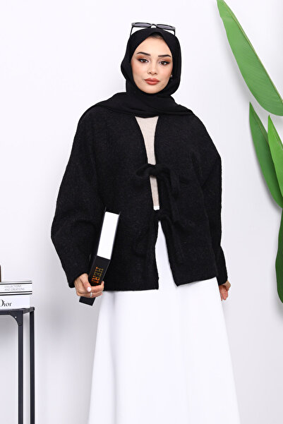 İmajButik Black Felt Kimono Jacket with Tie Front