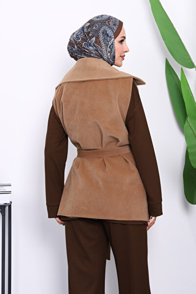 İmajButik Mink Double-Breasted Collar Belted Cashmere Vest