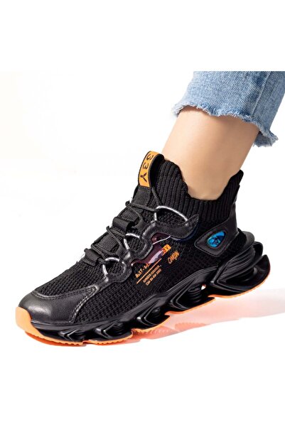 BMoD Pantofi sport negri și portocalii pentru femei cu talpă groasă MOD03830