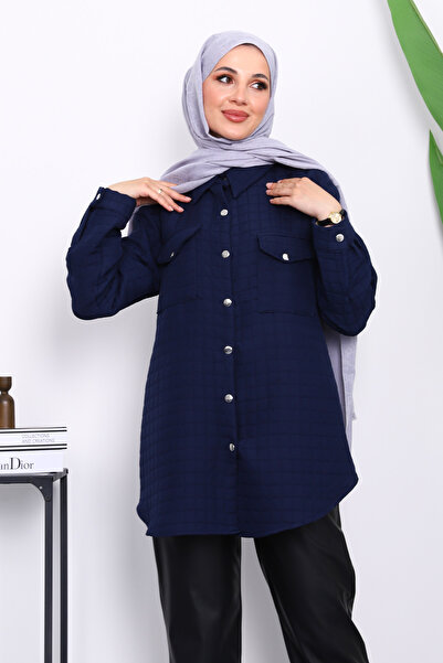 İmajButik Μπουφάν με καπιτονέ μπλε ναυτικό με τσέπες με κουμπώματα