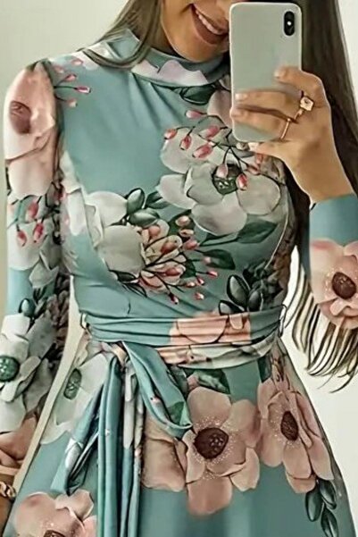 Mossta Yuvarlak Yaka Kuşaklı Desenli Uzun Süprem Elbise - Yeşil