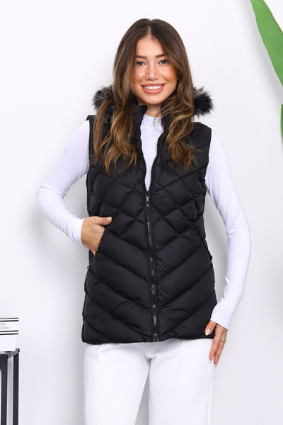 İmajButik Black Hooded Puffer Vest with Pockets