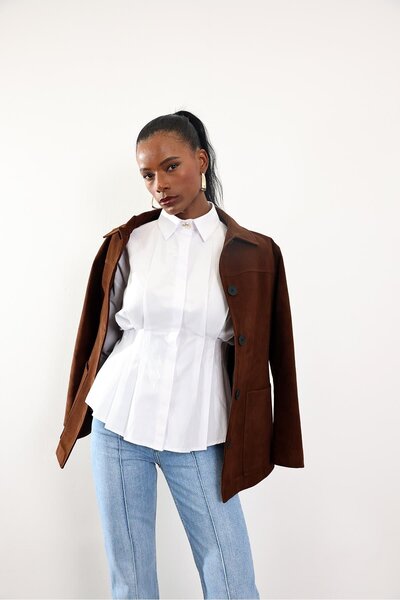 5in1Canpolat Λευκό πλισέ πουκάμισο από ποπλίνα 3197