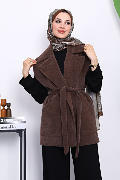 İmajButik Кафяво жиле с кръстосан яка и колан