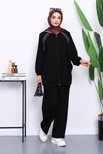 İmajButik طقم تونيك مودال مع بنطلون بتفاصيل حجرية سوداء وسحاب