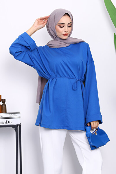İmajButik Saks Blue Tunic with Slits on the Sides and Drawstring Waist