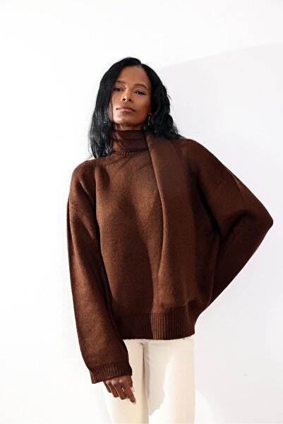 5in1Canpolat Brown Shawl Detailed Knitwear Sweater 92633