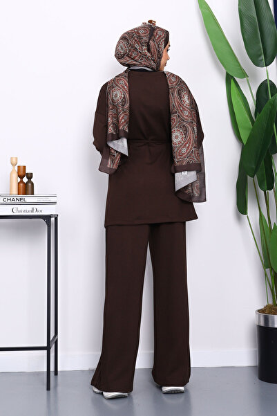 İmajButik Σετ Modal με καφέ κουμπιά και λεπτομέρεια με τονισμό με παντελόνι τουνίκ