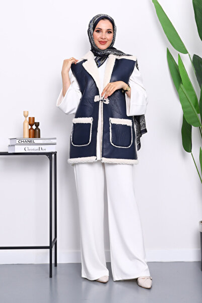 İmajButik Navy Blue Pocketed Fur Leather Vest