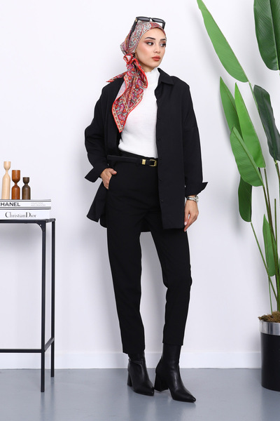 İmajButik Siyah Kemerli Önü Pensli Havuç Kumaş Pantolon