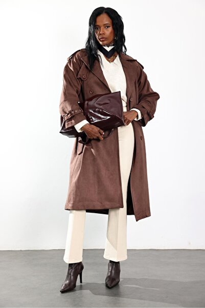 5in1Canpolat Brown Double-Breasted Collar Suede Coat 9608