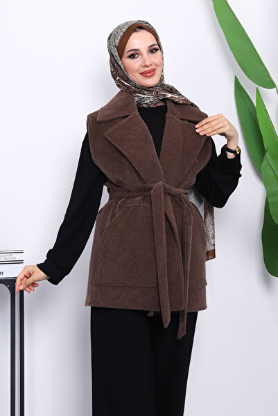 İmajButik Καφέ γιλέκο με διπλό γιακά και καστανό χρώμα